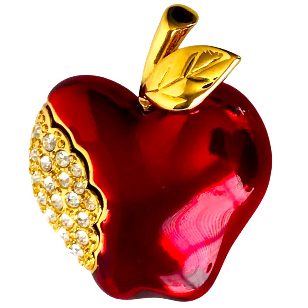 Vintage Napier Red Enamel Apple Forbidden Fruit Rhinestone Brooch Pin
